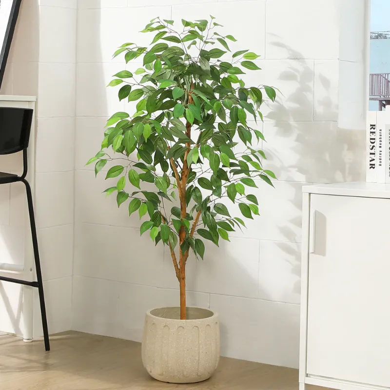 Photo 1 of 4FT Artificial Ficus Tree with Natural Wood Trunk and Lifelike Leaves, Silk Fake Potted Tree with Wood Branches, Faux Tree for Office Home Decor