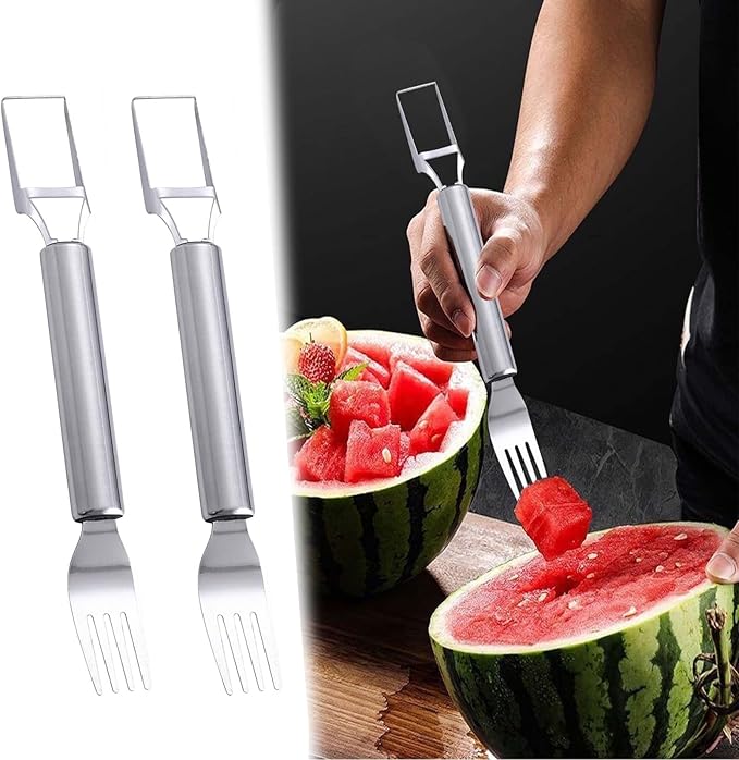 Photo 1 of 10 Pcs Double Head Fruit Cutter Stainless Steel Watermelon Fork Slicer Cutter Portable Melon Cutter Tool Multifunctional Melon Cube Cutter Summer Fruit Cutting Fork for Home Parties Camping