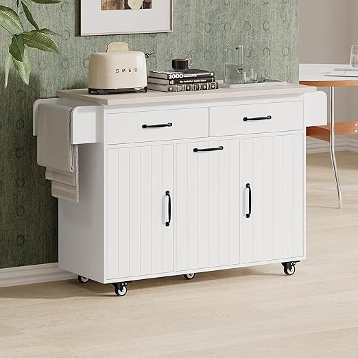 Photo 1 of Mobile Kitchen Island with Trash Can Storage Cabinet, Drop Leaf, Spice Rack, Towel Rack, Drawer and Adjustable Shelf