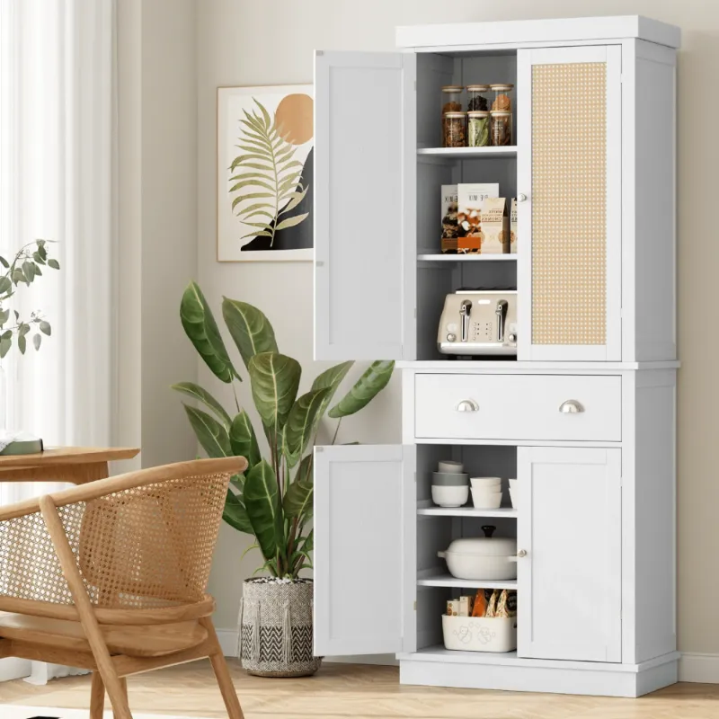 Photo 1 of Homfa 72.4''H Tall Kitchen Pantry with 4 Doors, Large Drawer Storage Cabinet for Dining Room Living Room, White & Rattan
