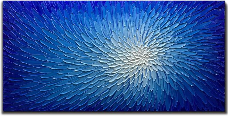 Photo 1 of AMEI Art,30x60 Inch Ocean Blue White Abstract Wall Art 3D Hand-Painted Oil Paintings Modern Artwork Textured Flower Canvas Paintings Wood Inside Framed Wood Inside Framed Ready to Hang 30X60Inch