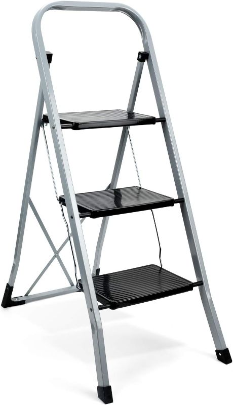 Photo 1 of Delxo Step Stool Folding Step Ladder 3 Step Stairs Heavy Duty Steel Sturdy Wide Pedal Lightweight Anti-Slip Portable & Collapsible Long Handrails for Kitchen & Household - Grey & Black Gray 3 step ladder