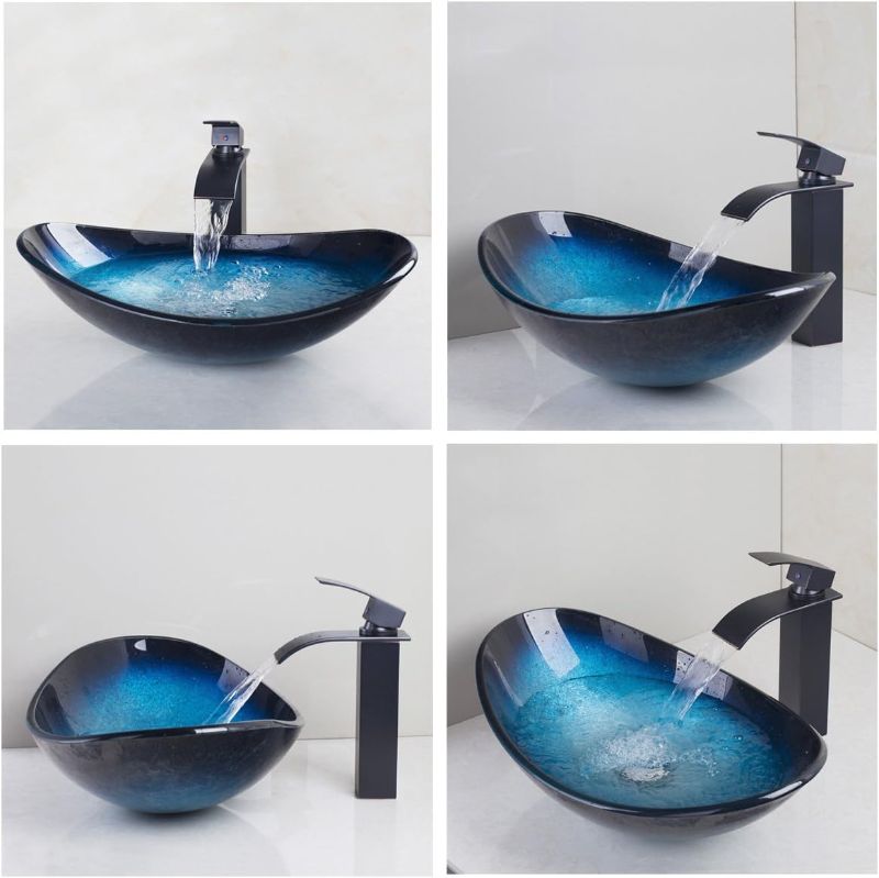 Photo 1 of Bathroom Vessel Sink,Black&Blue Vessel Sink,Oval Glass Vessel Sink with Waterfall Faucet and Pop-Up Drain,Boat Shape Bathroom Sink Above Counter,Artistic Tempered Glass Vessel Sink