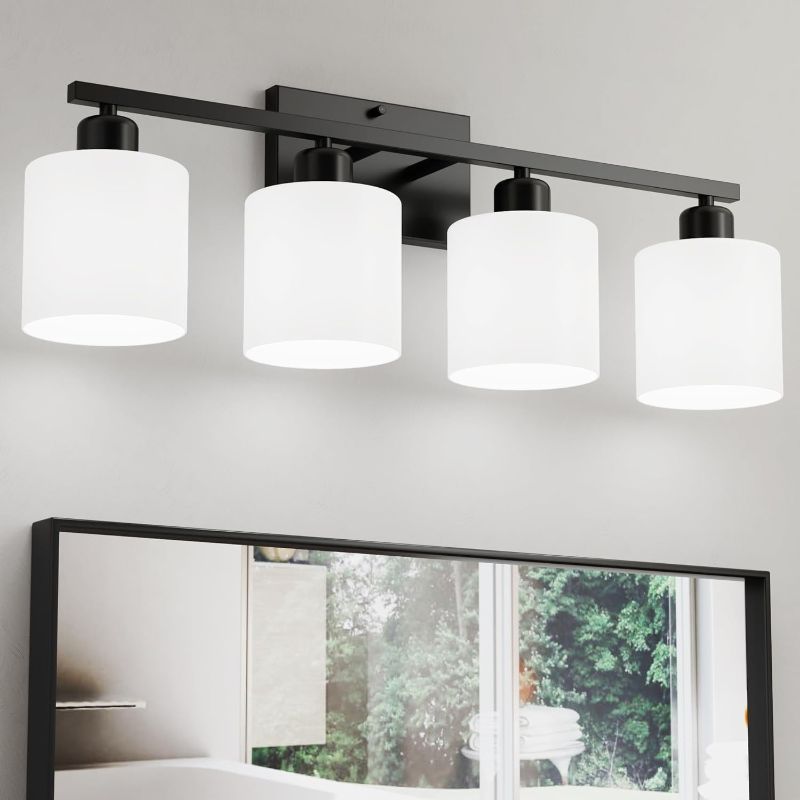 Photo 1 of Black Vanity Lights for Bathroom, Anti-rust 4-Light Bathroom Light Fixtures Over Mirror, Modern 24Inches Wall Sconces, Eye-caring Milky White Glass Shades, Standard E26 Base, Bulbs Not Included