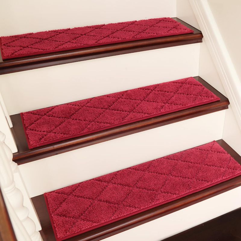 Photo 1 of COSY HOMEER Edging Stair Treads Non-Slip Carpet Mat 28inX9in Indoor Stair Runners for Wooden Steps, Edging Stair Rugs for Kids and Dogs, 100% Polyester TPE Backing (4pc, Red)