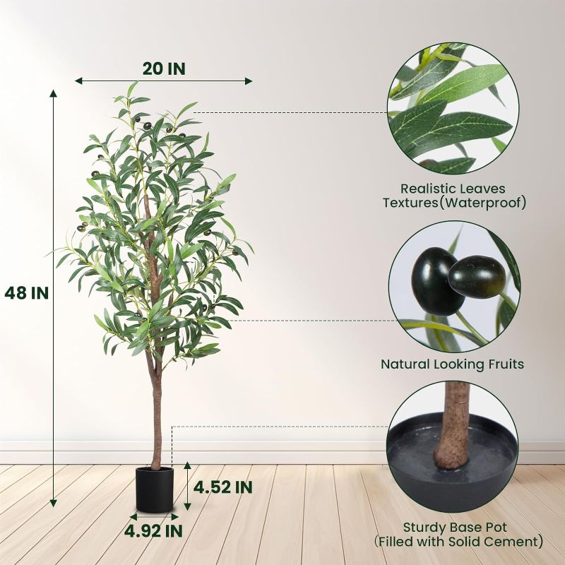 Photo 1 of Artificial Olive Tree, 4FT Tall Faux Olive Trees Artificial Indoor with Trunk and Realistic 436 Leaves and 16 Fruits for Modern Home Decor Indoor