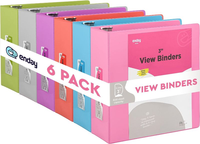 Photo 1 of 3 Slant D-Ring Binder 3 Inch, 3 in Clear View Cover with 2 Inside Pockets Binder, Heavy Duty Colored School Supplies Binders in Red, Green, Grey, Purple, Blue, Pink, Multicolor (6 PC) – by Enday