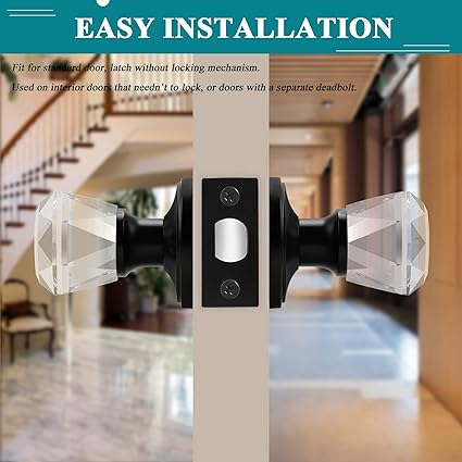Photo 1 of 1 Pack Orger Crystal Passage Door knobs for Hallway and Closet, Interior Non-Locking Door Handles with Black Finish, Shining Glass knob with Zinc Alloy Rosette