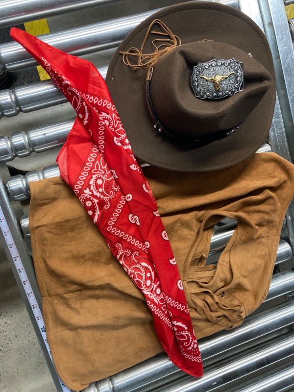 Photo 2 of Toulite 4 Pcs Western Outfits for Men Cowboy Tassel Vest Hat Belt Buckle Paisley Bandana for Halloween Cosplay Brown, Coffee, Red Medium