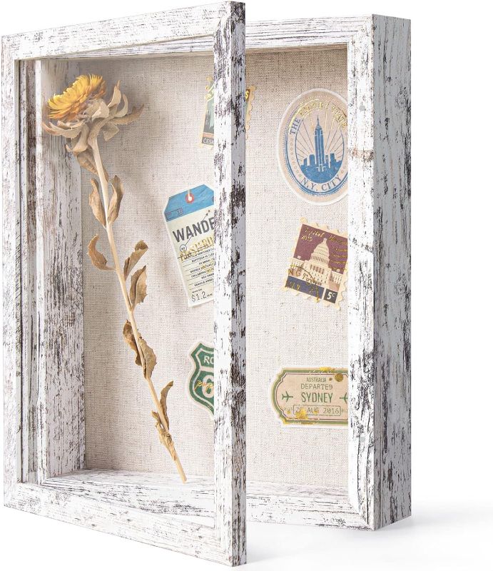 Photo 1 of 8x10 Shadow Box Frame with Linen Back - Real Glass, Push Pins Included, Sturdy Rustic Memory Display Case, Distressed White