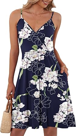 Photo 1 of MISFAY Women's Summer Floral Wrap V Neck Adjustable Spaghetti Strap Casual Swing Dress with Pocket SIZE 2XL