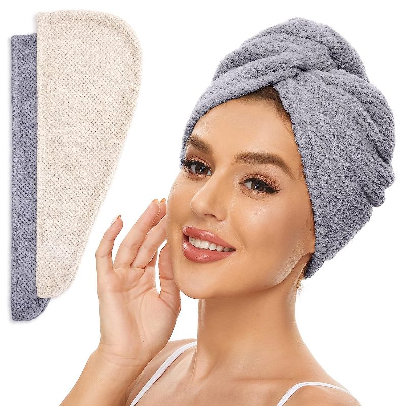 Photo 1 of 2 Pack Microfiber Hair Towel Wrap for Women, Anti Frizz Quick Drying Hair Turban for All Hair Style, Absorbent and Lightweight (Beige + Grey)