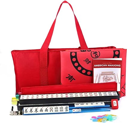 Photo 1 of American Mahjong Game Set - Red Burgundy Soft Bag 166 Premium Tiles with 4 All-in-One Rack/Pushers,100 Chips, Wind Indicator, English Manual. Easy Carry Full Size Complete Western MahJongg Set