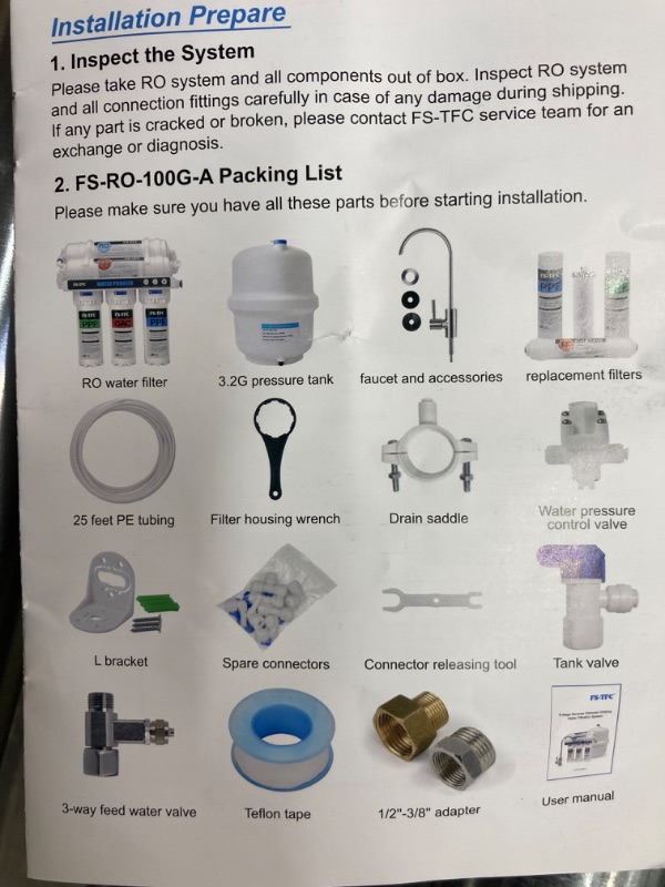 Photo 4 of FS-TFC 5-Stage Reverse Osmosis Water Filtration System 100GPD Fast Flow Plus Extra 4 Filter for Free (FS-RO-100G-A)