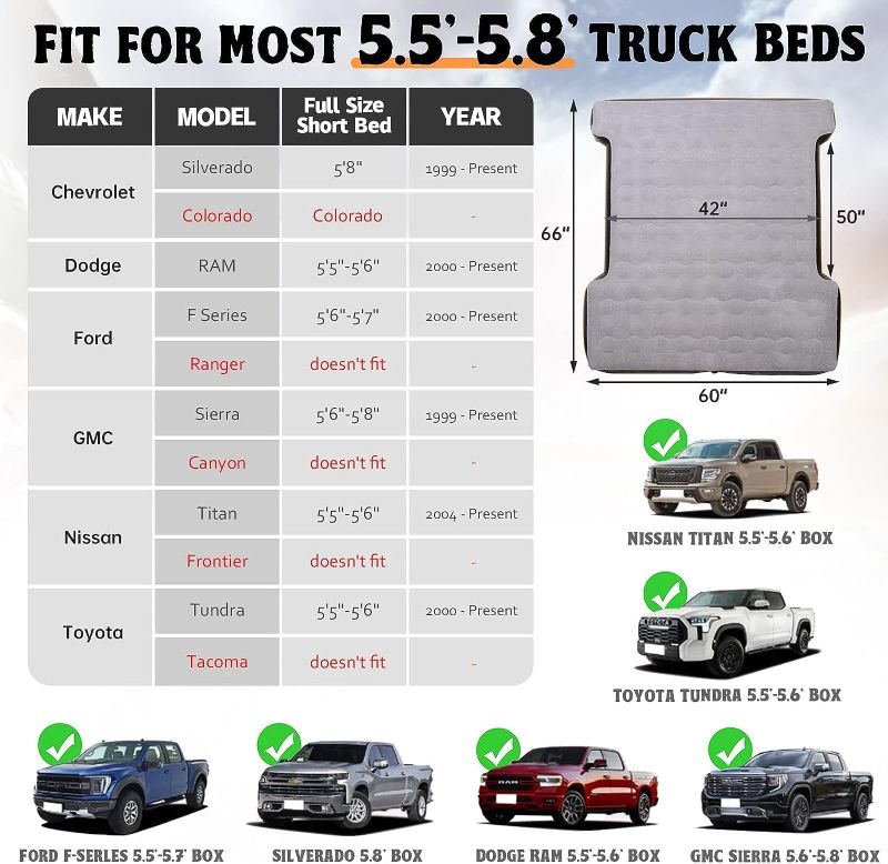 Photo 2 of Outdoor Truck Bed Air Mattress 5.5-5.8 ft, Inflatable Air Mattress for Short Truck Bed, Pickup Inflatable Air Mattress with Pump & Bag Compatible with F-Series, Silverado, RAM, Sierra, Titan, Tundra