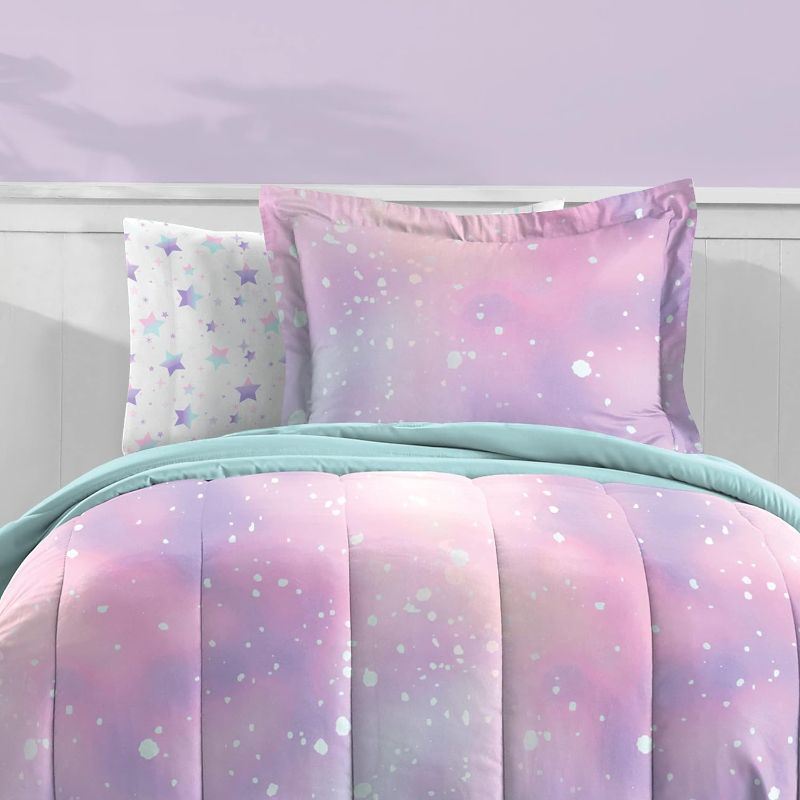 Photo 1 of Dream Factory Kids 7-Piece Complete Bed Set Easy-Wash Super Soft Microfiber Comforter Bedding, Full, Pink Twilight Galaxy Stars