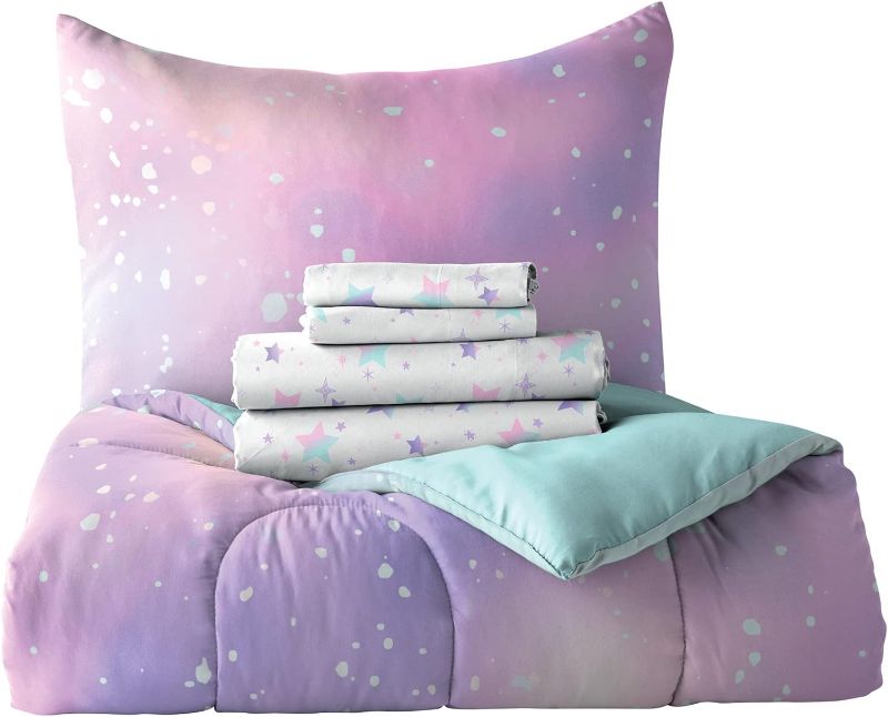 Photo 3 of Dream Factory Kids 7-Piece Complete Bed Set Easy-Wash Super Soft Microfiber Comforter Bedding, Full, Pink Twilight Galaxy Stars