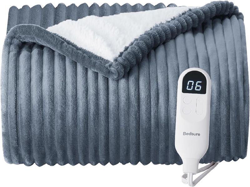 Photo 1 of Bedsure Electric Blanket Heated Throw - Soft Ribbed Flannel Heated Blanket, Fast Heating Electric Throw with 6 Heating Levels & 4 Time Settings, 3 Hours Auto-Off (84x90 inches, Grey)