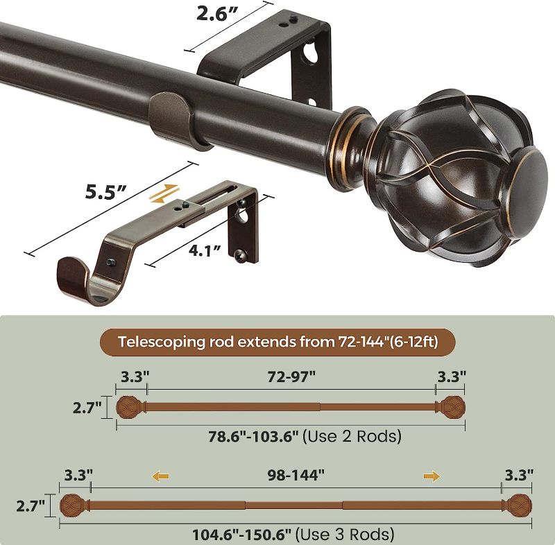 Photo 6 of KAMANINA 1 Inch Curtain Rod Telescoping Single Drapery Rod 72 to 144 Inches (6-12 Feet), Bronze Heavy Duty Curtain Rods for Windows, Round Finials