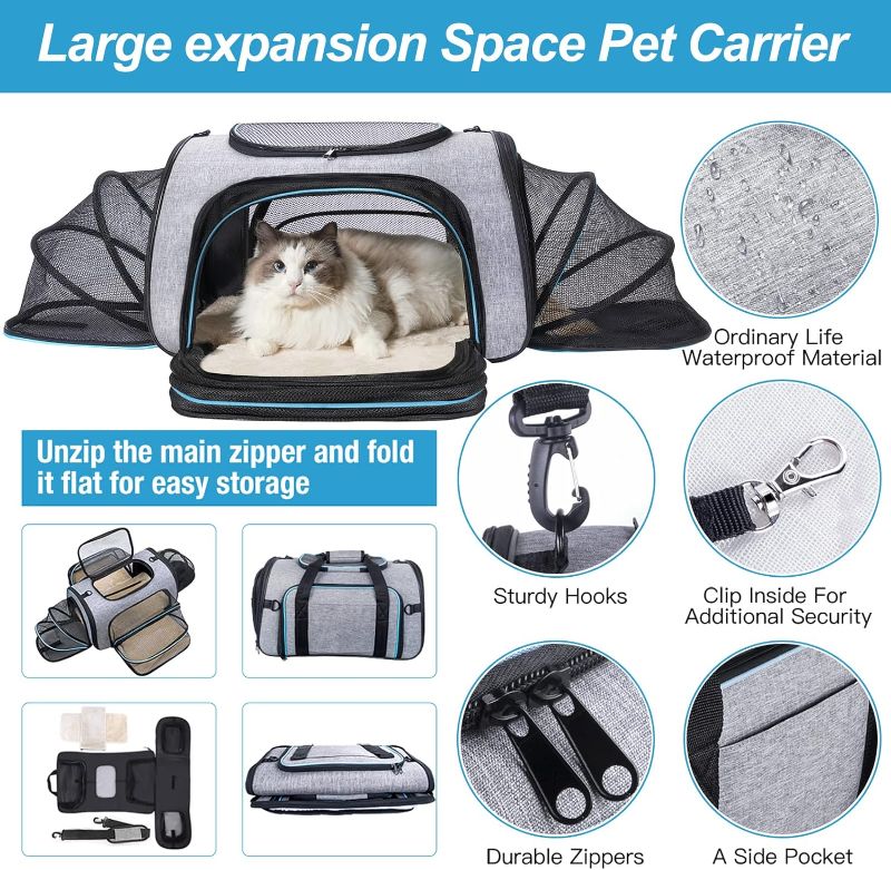 Photo 4 of Siivton 4 Way Expandable Pet Carrier, Airline Approved Collapsible Cat Soft-Sided Carriers W/Removable Fleece Pad for Cats, Puppy, Small Dogs (18"x 11"x 11")