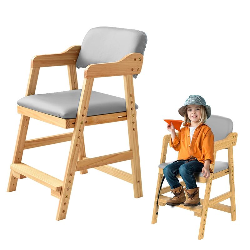 Photo 1 of Wooden High Chair for Toddlers, Adjustable Toddler High Chair with High Rebound Waterproof Cushion for Toddlers to Teens, Toddler Dining Chair with Steps for Kids Dining, Studying, Step Tool (Grey)