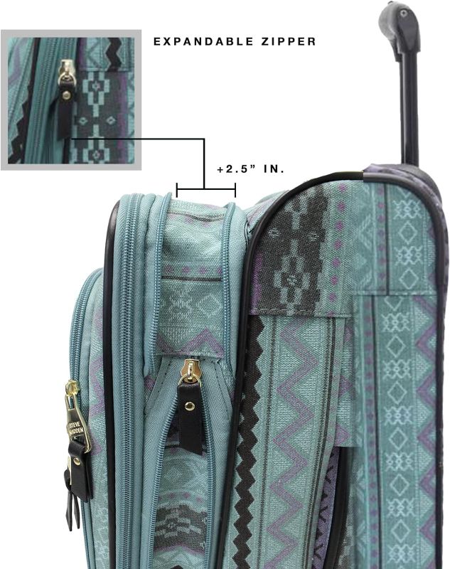 Photo 3 of Steve Madden Designer Luggage Collection - 3 Piece Softside Expandable Lightweight Spinner Suitcase Set - Travel Set includes 20 Inch Carry on, 24 Inch & 28-Inch Checked Suitcases (Print/Teal)