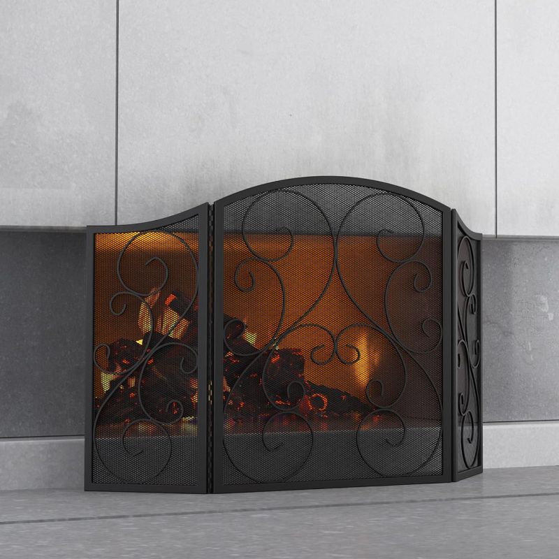 Photo 1 of Fire Beauty Fireplace Screen 3 Panel Wrought Iron Black Metal 48"(L) x30(H) Spark Guard Cover(Black)