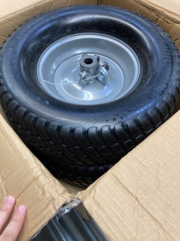 Photo 7 of (2-Pack) 16x6.50-8 Tire and Wheel Flat Free - Solid Rubber Riding Lawn Mower Tires and Wheels - With 3" Offset Hub and 3/4" Bushings - 16x6.5-8 Tractor Turf Tire Turf-Friendly 3mm Treads 16x6.50-8 Flat-Free Silver