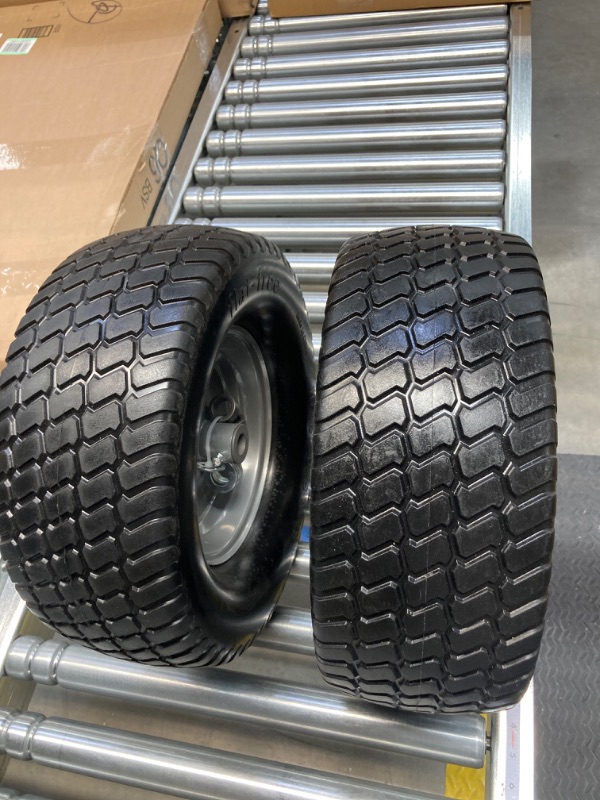 Photo 6 of (2-Pack) 16x6.50-8 Tire and Wheel Flat Free - Solid Rubber Riding Lawn Mower Tires and Wheels - With 3" Offset Hub and 3/4" Bushings - 16x6.5-8 Tractor Turf Tire Turf-Friendly 3mm Treads 16x6.50-8 Flat-Free Silver
