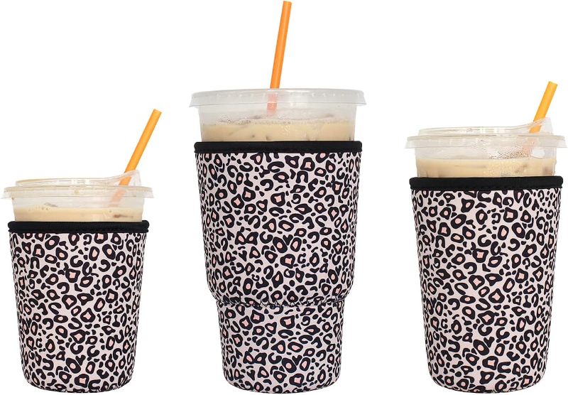 Photo 1 of 3 Pack Reusable Iced Coffee Sleeves - Xumbtvs Insulator for Cold Beverages, Neoprene Cup Holder for Starbucks/Dunkin Coffee, More (Leopard print)