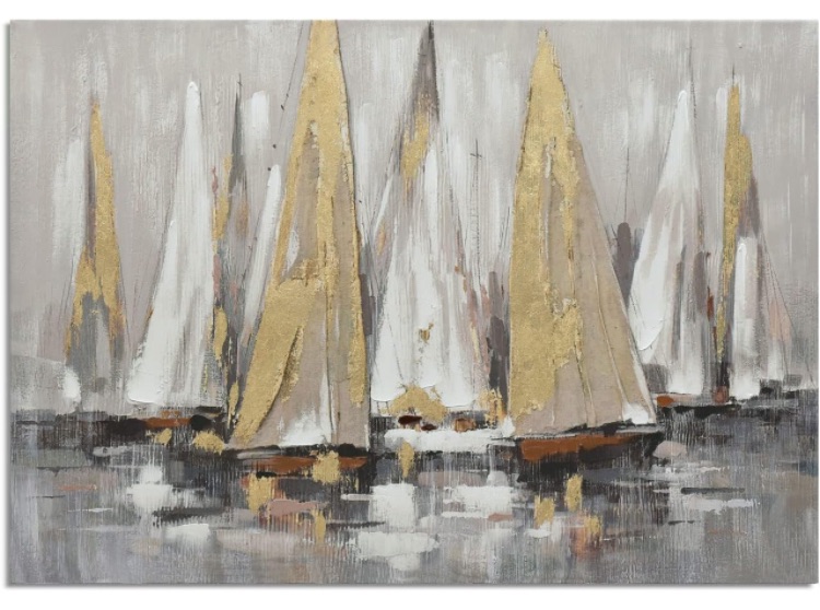 Photo 1 of Large Canvas Prints Wall Art of Boats Picture for Home Decor, Modern Coastal Ocean Landscape Oil Painting in 3D Hand Painted with Gold Foil for Living Room, Bedroom, Ready to Hang