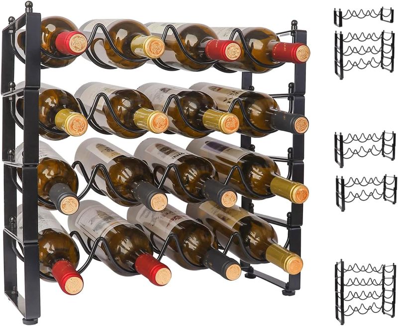 Photo 1 of 4 Tier Wine Rack, 3-in-1 16 Bottles Wine Storage, Wine Bottle Rack Stackable, Wine Storage Rack for Cabinet Pantry(Dark Black