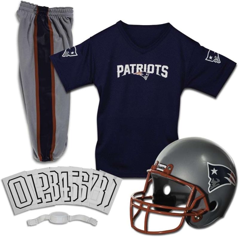 Photo 1 of NFL Youth Football Uniform Set for Boys & Girls - Includes Helmet, Jersey & Pants with Chinstrap and Numbers Blue, red and white