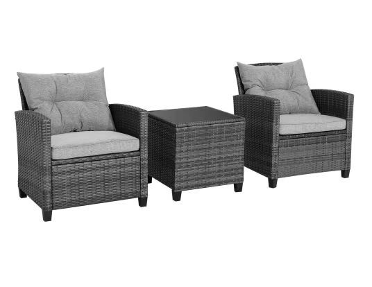 Photo 1 of 3-Piece Outdoor Furniture Set Wicker Patio Conversation Set with Gray Cushions Tempered Glass Side Table