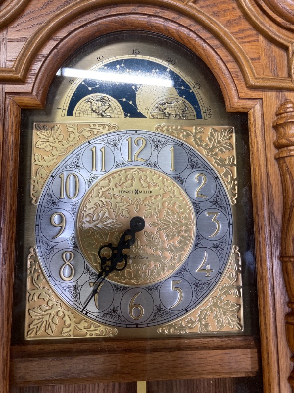 Photo 3 of ***DOES NOT WORK, SEE NOTES*** Howard Miller LaGrange Wall Clock II 547-444 – Golden Oak Home Decor with Brass Pendulum with Quartz Dual-Chime Movement