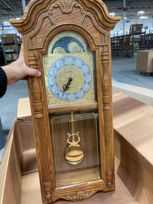 Photo 2 of ***DOES NOT WORK, SEE NOTES*** Howard Miller LaGrange Wall Clock II 547-444 – Golden Oak Home Decor with Brass Pendulum with Quartz Dual-Chime Movement