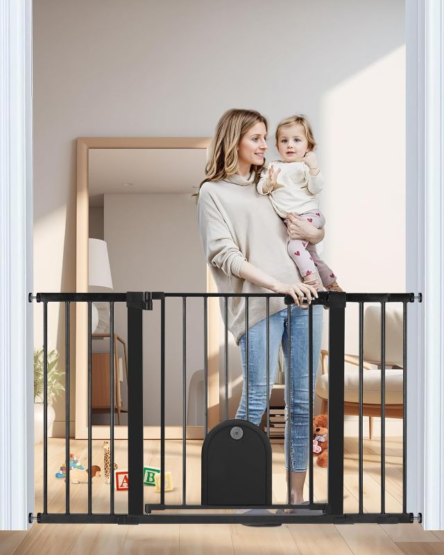 Photo 1 of Easy Walk-Thru Auto Close Baby Safety Gate for Stairs, Hallways and Doors - Fits 29.5-53.1inch Openings - Pressure Mounted Security Gates with Door, Metal, BLACK 53.1" Wide