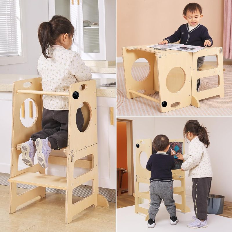 Photo 1 of Toddler Tower Step Stool for Kids Kitchen Stool Helper Toddler Standing Tower Foldable Toddler Table Kids Table and Chair Set 4 in 1 Montessori Helper Tower Natural