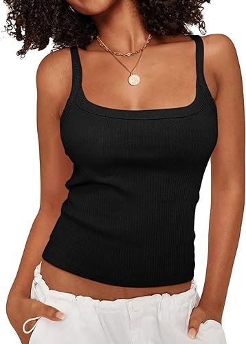 Photo 1 of Women Scoop Neck Strap Camisole Summer Ribbed Tank Tops Basic Slim Fit Sleeveless Layer