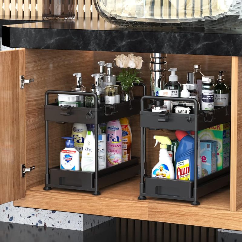 Photo 1 of 2-Tier Under Sink Organizer, Sliding Under Bathroom Cabinet Storage Drawer Organizer with Hooks, Hanging Cup, Dividers, Handles, Multi-purpose Under Sink Shelf Organizer, Black, 