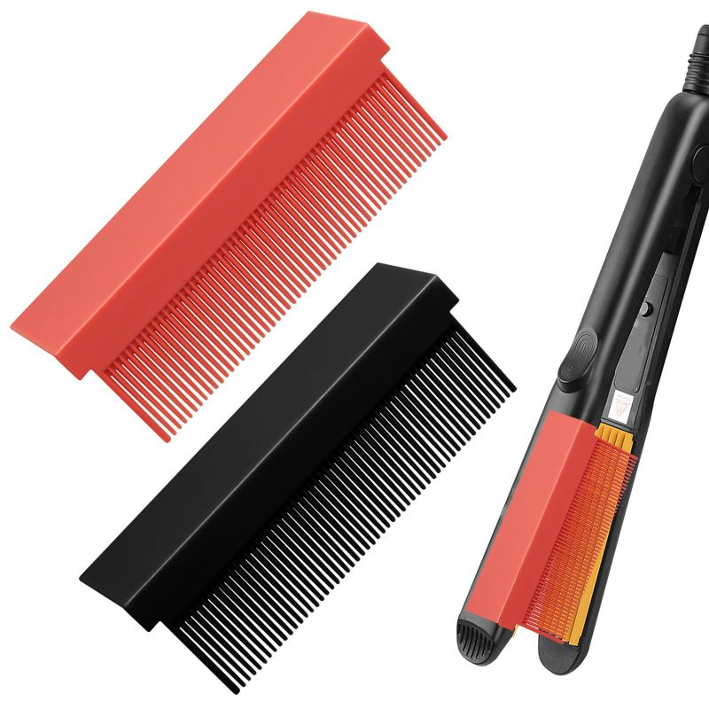 Photo 1 of 2 pack BUNDLE - 4Pcs Flat Iron Comb, Straightening Comb Flat Iron Comb Attachment Clip on Comb Attachment for Flat Iron, Hair Straightener Comb Barber Hair Combs for Women, Barber Accessories(Black Red) Black,Red