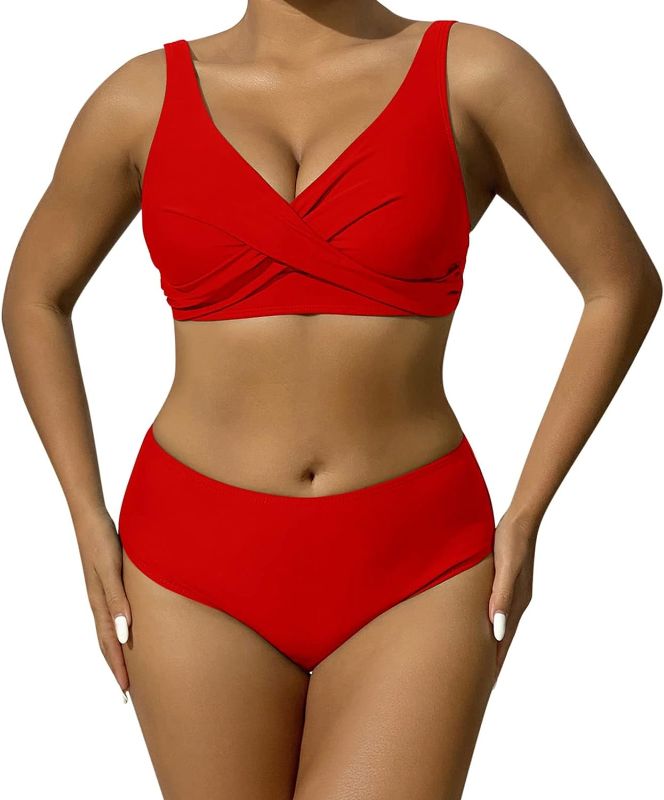 Photo 1 of Split Swimwear Sexy Pleated Bikini Swimwear for Women Bikini Swimming Shorts Women Long (Red, L)