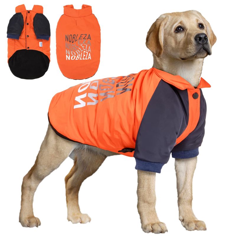 Photo 1 of Dog Jacket, Nobleza Waterproof & Windproof Fleece Lined Dog Winter Coat with Leash Hole, Fashion Personality Dog Cold Weather Coats for Cold, Wet, Windy and Snowy Day(Orange L) Short sleeve Large Orange