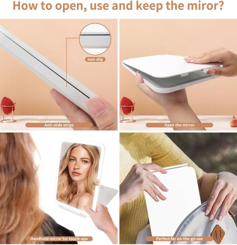 Photo 1 of Inches Lighted Travel Mirror , Rechargeable Battery, USB-C Charging, 78 LEDs, Tabletop Mount