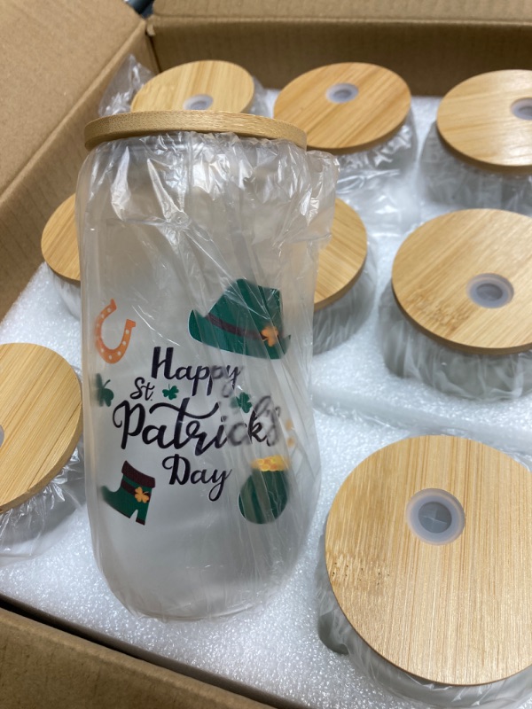 Photo 3 of 12 Set St Patrick's Day Glass Cups 16oz Drinking Glasses with Lids and Straws,Irish Shamrock Can Shaped Iced Coffee Cup for Lucky St Patrick's Day Party Supplies Gifts(Rainbow Style)