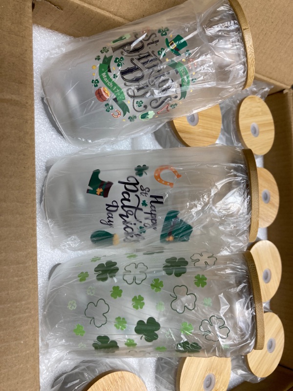 Photo 4 of 12 Set St Patrick's Day Glass Cups 16oz Drinking Glasses with Lids and Straws,Irish Shamrock Can Shaped Iced Coffee Cup for Lucky St Patrick's Day Party Supplies Gifts(Rainbow Style)