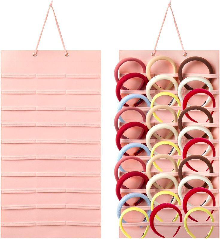 Photo 1 of Headband Holder for Baby Girl Hanging Headband Bow Organizer Large Capacity Ribbon Hair Hoops Bow Organizer Baby Hair Accessory Storage Display for Girls Room Door Closet, Pink