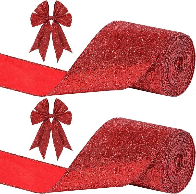 Photo 1 of 2 Rolls - Christmas Glitter Ribbon Glitter Wired Ribbon Shiny Ribbon for Christmas Party Box Wrapping Decor (Red)