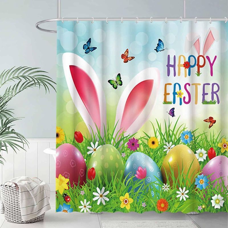 Photo 1 of 
Easter Shower Curtain Cartoon Funny Rabbit Ears Spring Garden Colorful Eggs Butterfly Decor Home Bathroom Bathtub Curtains Durable Fabric with 12 Hooks