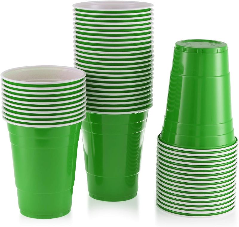 Photo 1 of 16 oz Green Cups [50 Pack] Disposable Plastic Cup, Big Birthday Party Cups, St Patrick day Plastic Cups